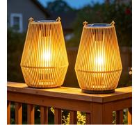 Gr8 Garden Set Of 2 Solar Hanging Rattan Lantern Led Garden Patio Lights Natural Ip44