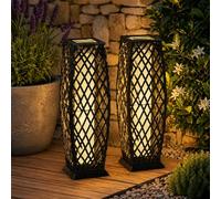 Gr8 Garden Set of 2 Solar Rattan Floor Lanterns, Charcoal Wicker Effect Outdoor Pathway Lights, LED Garden Patio Lamps, Warm White, Auto On/Off, Solar Powered, IP44