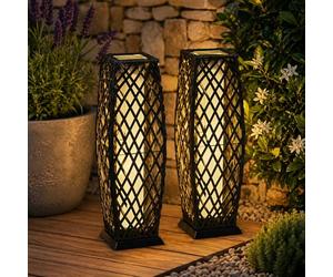 Gr8 Garden Set of 2 Solar Rattan Floor Lanterns, Charcoal Wicker Effect Outdoor Pathway Lights, LED Garden Patio Lamps, Warm White, Auto On/Off, Solar Powered, IP44