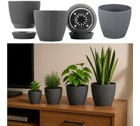 Gr8 Garden Set Of 4 Grey Sumela Round Plant Pot Planter Knitted Textured Design Plastic Flower Tub With Drainage Holes Drip Tray Garden Patio Indoor Outdoor Succulent Cactus Herb Holder