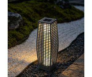 Gr8 Garden Solar Rattan Garden Lantern, Grey Wicker Outdoor LED Light, Solar Powered Tall Patio Path Lamp, IP44 Waterproof, Auto On/Off, Warm White 25 LED Lights