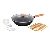 Gr8 Home 10 Piece Carbon Steel Non Stick Wok Gift Set with Glass Lid | Cookware with Bowls Wooden Utensils Board Rack and Chopsticks