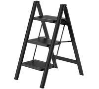 Gr8 Home 3 Step Ladder Black Folding Stool Non Slip Heavy Duty Carbon Steel Lightweight