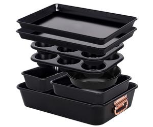 Gr8 Home 8 Piece Stackable Non Stick Bakeware Set Black Carbon Steel Baking Tins Roasting Pan with Rose Gold Handles Oven Safe 250°C Muffin Tray Loaf Pan Oven Trays