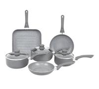 Gr8 Home 9 Piece Non Stick Pan Set with Glass Lids & Steam Vent | Induction Compatible Cookware Set with Handles | Grey Marble Effect Frying Pan, Saucepan & Grill Pan Kitchen Cookware Set
