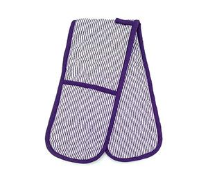 Gr8 Home Butcher Stripe Heat Resistant Thick Padded Double Oven Gloves Quilted Pinstripe Plain Kitchen BBQ Baking Mitts[Purple Stripe Double]