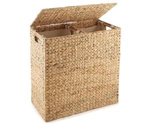 Gr8 Home Extra Large Rectangular Water Hyacinth Double Laundry Hamper Woven XL Washing Basket With 2 Compartment Liner Bags Clothes Storage Bin Organiser Box Truck Chest With Lid