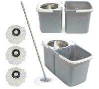 Gr8 Home Grey Space Saving 360 Degree Rotating Dual Spin Dry Mop & Bucket 3 Microfibre Heads