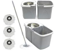 Gr8 Home Grey Space Saving 360° Rotating Dual Spin Dry Mop And Bucket 3 Microfibre Heads - Grey