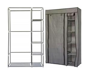 Gr8 Home Single Grey Fabric Canvas Wardrobe With Hanging Rail Shelving Clothes Storage