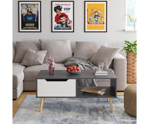 Gr8 Home Wooden Grey White Scandinavian Coffee Table With Legs Storage Compartment Drawer