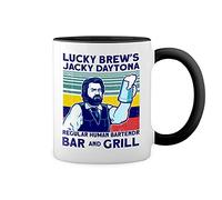 GR8Shop Lucky Jackie Daytona Human Bartender Vintage White Coffee Mug with Black Rim & Handle