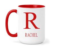 grabmybits Rachel Personalized Initial Mug - Custom Name Ceramic Cup for Tea or Coffee Gift - Red