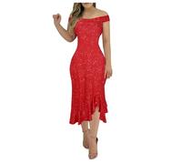 Grace Evening Dresses for Women: Sexy Solid Color Off Shoulder Maxi Dresses Short Sleeve Solid Ruffle Maxi Banquet Dress Autumn Winter Party Clothes Dress Sparkle Sequin Mini Dresses Red