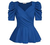 GRACE KARIN 2024 Womens Tops Elegant Peplum Top Wrap V Neck Puff Short Sleeve Summer Tops Blouse, Royal Blue, S