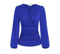 GRACE KARIN 2024 Womens Tops Elegant Wrap Blouse V Neck Work Shirts Fall Fashion Long Sleeve Dressy Casual Ruched Top, Royal Blue, XXL