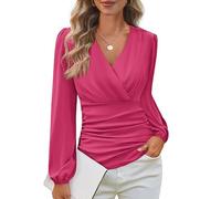 Grace Karin 2024 Womens Tops Elegant Wrap Blouse V Neck Work Shirts Fall Fashion Long Sleeve Dressy Casual Ruched Top, Rose Red, XL