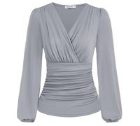GRACE KARIN 2024 Womens Tops Elegant Wrap Blouse V Neck Work Shirts Fall Fashion Long Sleeve Dressy Casual Ruched Top, Light Grey, XXL