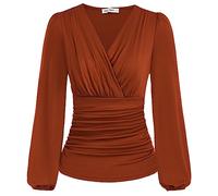 GRACE KARIN 2024 Womens Tops Elegant Wrap Blouse V Neck Work Shirts Fall Fashion Long Sleeve Dressy Casual Ruched Top, Caramel, S