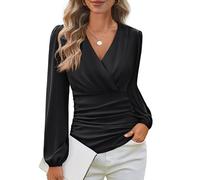 GRACE KARIN 2024 Womens Tops Summer Elegant Wrap Blouse V Neck Long Sleeve Dressy Casual Ruched Top, Black, XL
