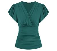 GRACE KARIN 2024 Womens Tops Summer Wrap Blouse V Neck Ruffle Sleeve Dressy Casual Top Ruched T-Shirts, green, 977 Blue Green, M