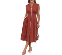 GRACE KARIN 2025 Summer Casual Dress Front Zipper Smocked Dress with Pockets Red 2XL