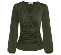 GRACE KARIN 2025 Womens Tops Elegant Wrap Blouse V Neck Work Shirts Long Sleeve Dressy Casual Ruched Top, Army Green, S
