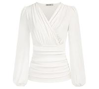 GRACE KARIN 2025 Womens Tops Fall Wrap Blouse V Neck Work Shirt Long Sleeve Dressy Casual Ruched Top Trendy Fashion Outfits, White, M