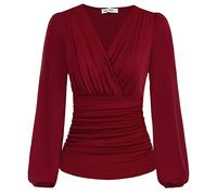 GRACE KARIN 2025 Womens Tops Fall Wrap Blouse V Neck Work Shirt Long Sleeve Dressy Casual Ruched Top Trendy Fashion Outfits, Wine Red, S