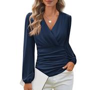 Grace Karin 2025 Womens Tops Fall Wrap Blouse V Neck Work Shirt Long Sleeve Dressy Casual Ruched Top Trendy Fashion Outfits, Navy Blue, L