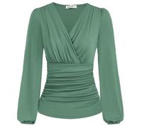 GRACE KARIN 2025 Womens Tops Fall Wrap Blouse V Neck Work Shirt Long Sleeve Dressy Casual Ruched Top Trendy Fashion Outfits, Light Green, XL