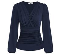 GRACE KARIN 2025 Womens Tops Fall Wrap Blouse V Neck Work Shirt Long Sleeve Dressy Casual Ruched Top Trendy Fashion Outfits, Navy Blue, M