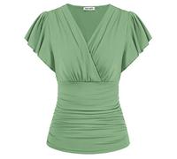 GRACE KARIN 2025 Womens Tops Summer Wrap Blouse V Neck Ruffle Sleeve Dressy Casual Top Ruched Trendy Clothes, Green, XL