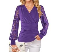 GRACE KARIN 2025 Womens Tops Wrap V Neck Shirt Lace Long Sleeve Blouses Dressy Casual Ruched Top Fall Fashion Outfits, Dark Purple, XL