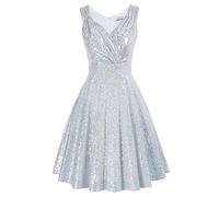 GRACE KARIN 50s Hepburn Fancy Dress Sequins V-Neck A-line Flared Communion Prom Dress S Sequined Silver White