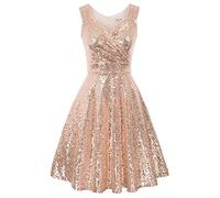 GRACE KARIN 50s Hepburn Fancy Dress Sequins V-Neck Knee Length A-line Flared Communion Prom Dress S Sequin Rose Gold