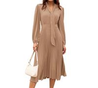 GRACE KARIN 50s Vintage Retro Cocktail Dress V-Neck Bow Tie Pleated Midi Dress for Business Work Khaki 46