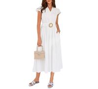 GRACE KARIN A-Line Cotton Dresses for Women UK, V-Neck Maxi Summer Dresses for Women Elegant, Wedding Guest Beach Dress Elastic Waist Belt White XXL
