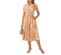 GRACE KARIN A-Line Floral Cotton Women Dresses, Short Sleeve Collared Midi Summer Dresses for Women UK, Wedding Guest Beach Dress with Belt Yellow Flower XXL
