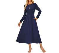 GRACE KARIN A-Line Jumper Work Dresses for Women UK, Casual Long Sleeve Winter Dresses with Pockets Dark Blue S