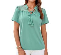 GRACE KARIN Black Lace Tops for Women Tie V Neck Short Sleeve Shirts Tops Light Green S