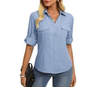 GRACE KARIN Blouses for Women Dressy 3/4 Sleeve Classic Collared Tops Elegant Work Office Business Blouse Shirt Loose Fit Shirt Light Blue XL