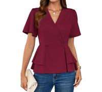 GRACE KARIN Blouses for Women UK Summer Short Sleeve V-Neck Wrap Blouses Black Elegant Business Party Tops L Wine Red-3