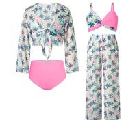 GRACE KARIN Blue Yellow Bathing Suit for Girls Coconut Tree Tankini Set with Kimono Size 6-7 Swimsuit Outfit