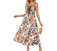 GRACE KARIN Bohemian Floral Maxi Dress for Women Spaghetti Straps V-Neck Elegant Summer Beach Vacation Dress Black-Orange S