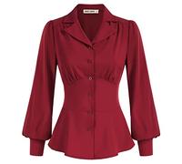 GRACE KARIN Button Down Shirts for Women Fall Peplum Tops Long Sleeve Work Blouse Collared Shirt Dressy Top, Wine Red, XXL
