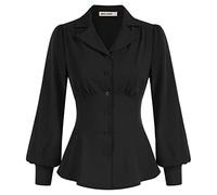 GRACE KARIN Button Down Shirts for Women Summer Peplum Tops Long Sleeve Work Blouse Collared Shirt Dressy Top, Black, M