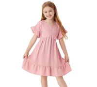 GRACE KARIN Children's 2025 Summer Dress Flared Sleeves Girls Cotton A Line Casual Dress with Pockets Pink 6-7 Years