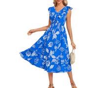 GRACE KARIN Dress for Women A-line Ruffle Dress with V-Neck Floral Pattern Sleeveless Beach Summer Elegant Pink and Blue and White Flowers M