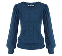 GRACE KARIN Elegant Puffed Long Sleeve Sweater Women Autumn Winter Hollowed Out Pullover Casual Daily Knitted Tops Navy Blue S